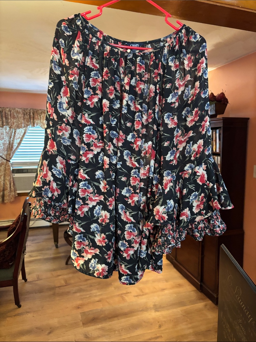 Chaps Black Floral Blouse with Pink & Blue Blooms